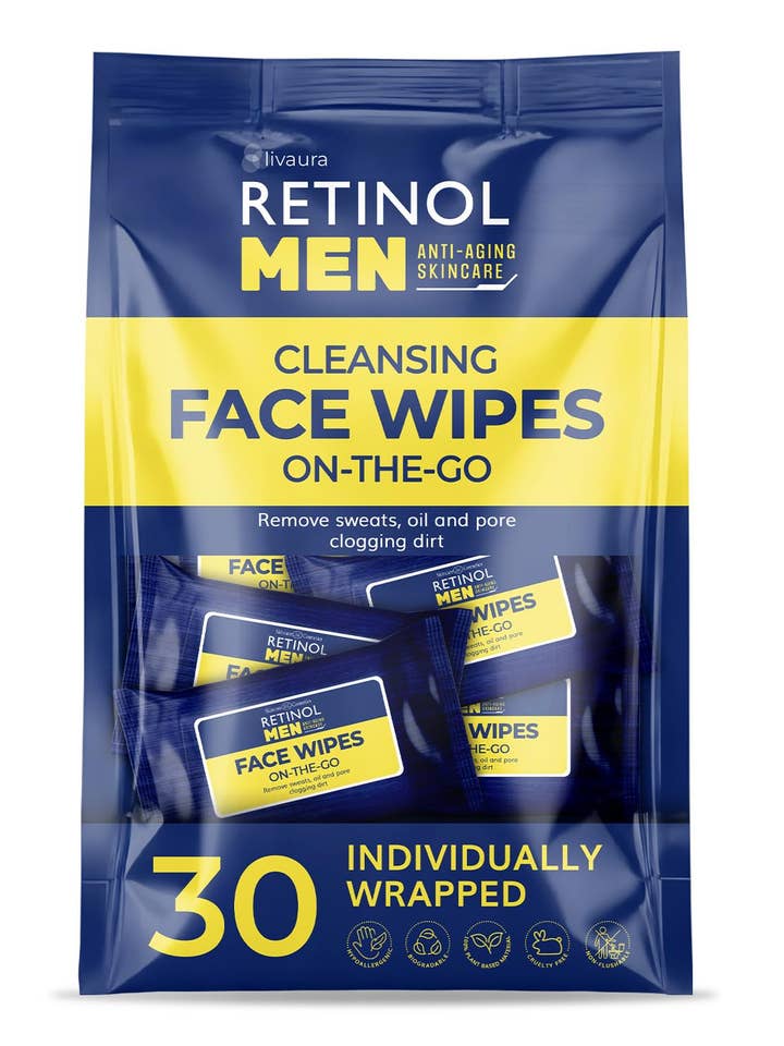 LIVAURA Retinol Men’s Large Face and Body Wet Wipes for wholesale by Lifeable