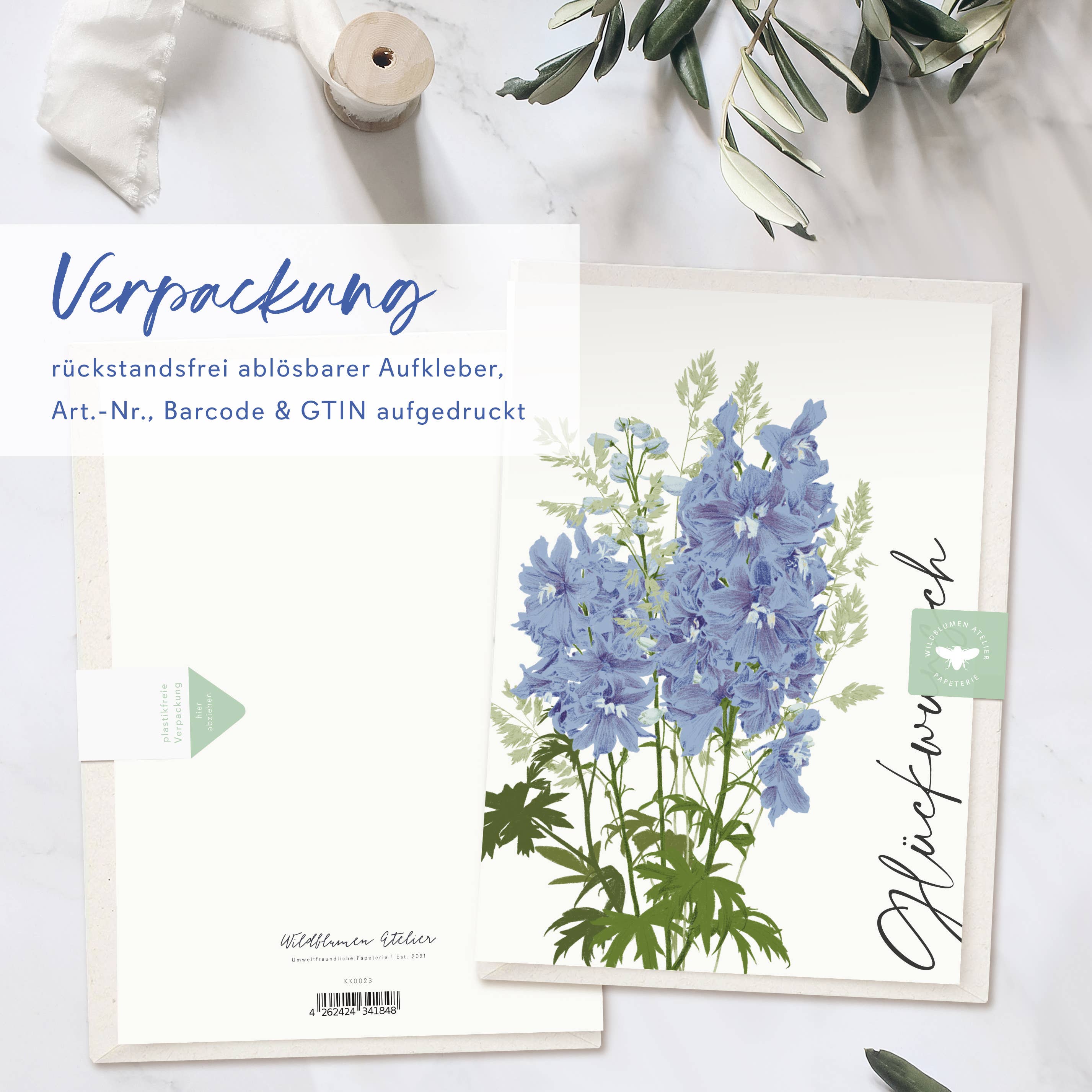 Wildblumen Atelier - Wholesale Congratulations Card - Greeting card congratulations blue flowers, with envelope, FSC3