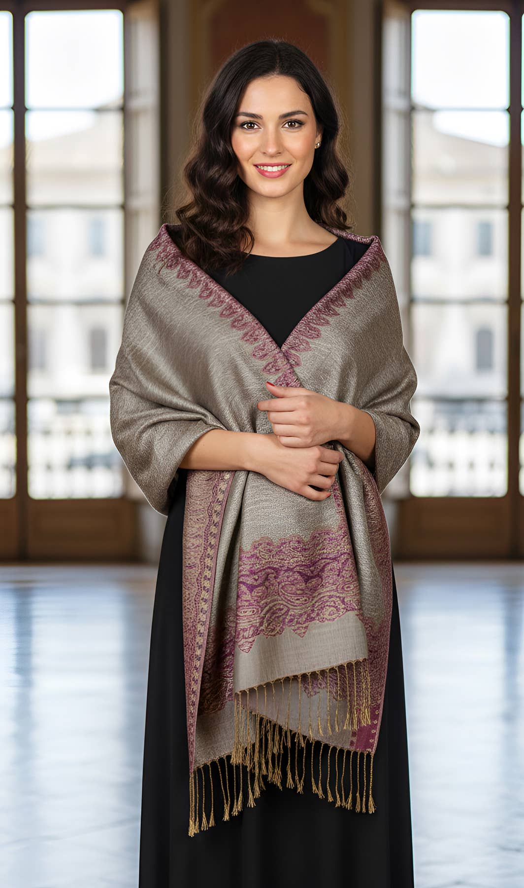 SERENITA - Wholesale Scarf - Women's - Pashmina Scarf Paisley Border Reversible Wrap Wedding Shawl 2