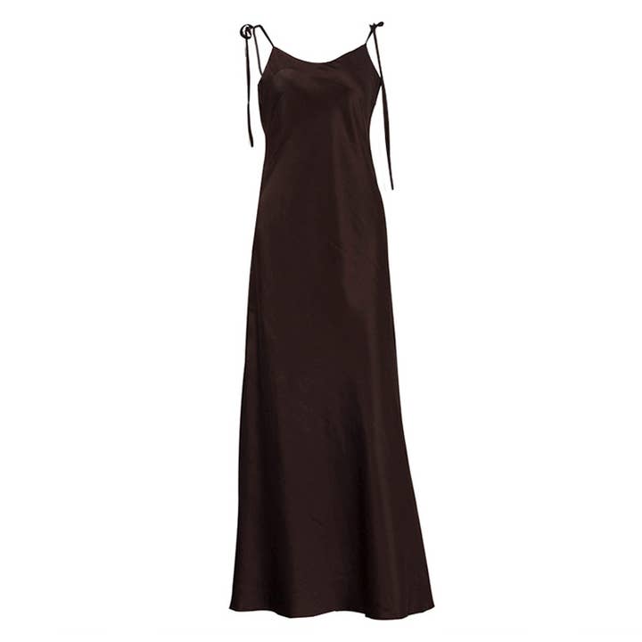 Brown open back sexy slip maxi dress with bow tie straps for wholesale on Faire2