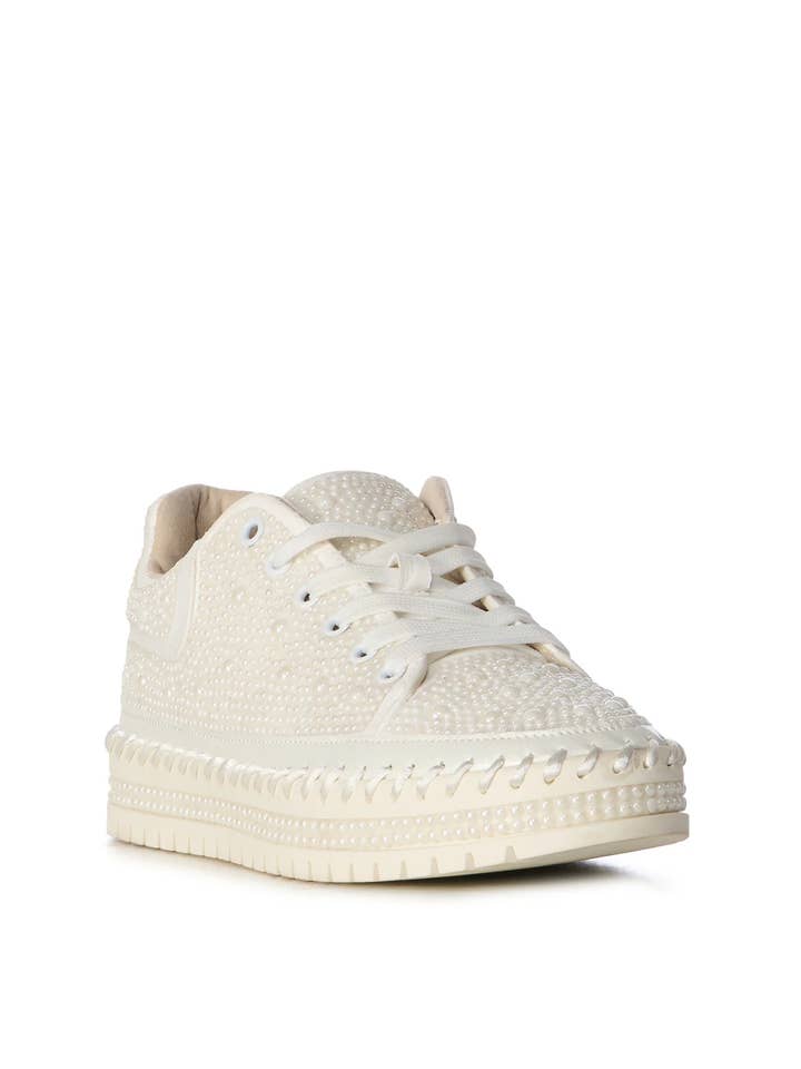Azalea Wang - Wholesale Lifestyle Sneakers - Women's - CARDIN-WHITE PEARLIZED LACE UP SNEAKER