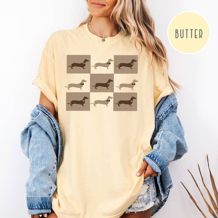 Dachshund Houndstooth, Teckelliefhebber Comfort Colors® T-shirt voor wholesale door CindyL Boutique