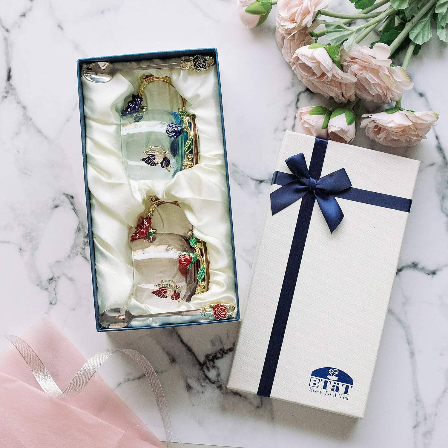 Brew To A Tea – wholesale Coffee/tea cup – BTaT Floral Glass Tea Cups with Lids - Set of 25