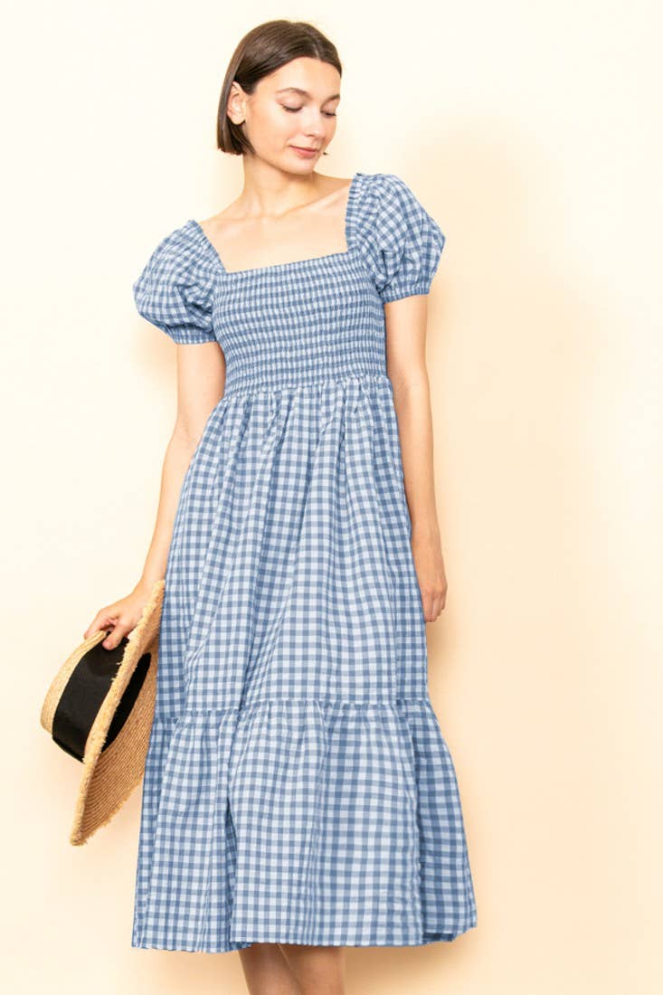 Elloh Collection - Wholesale Dress - Women's - Gingham Puff Sleeves Smocked Chest Midi Dress with Pockets14