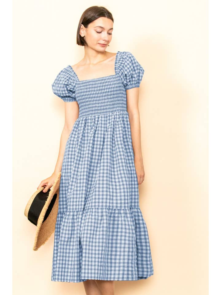 Elloh Collection - Wholesale Dress - Women's - Gingham Puff Sleeves Smocked Chest Midi Dress with Pockets14