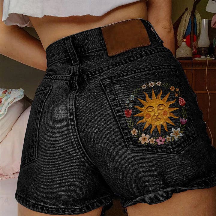 Tourtiwi - Wholesale Shorts - Women's - Women's Sun Floral Print Denim Shorts