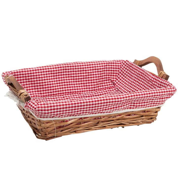 Rieten mand honingkleurig met wit/rode ginghamstof met hengsels voor wholesale door Deffrennes