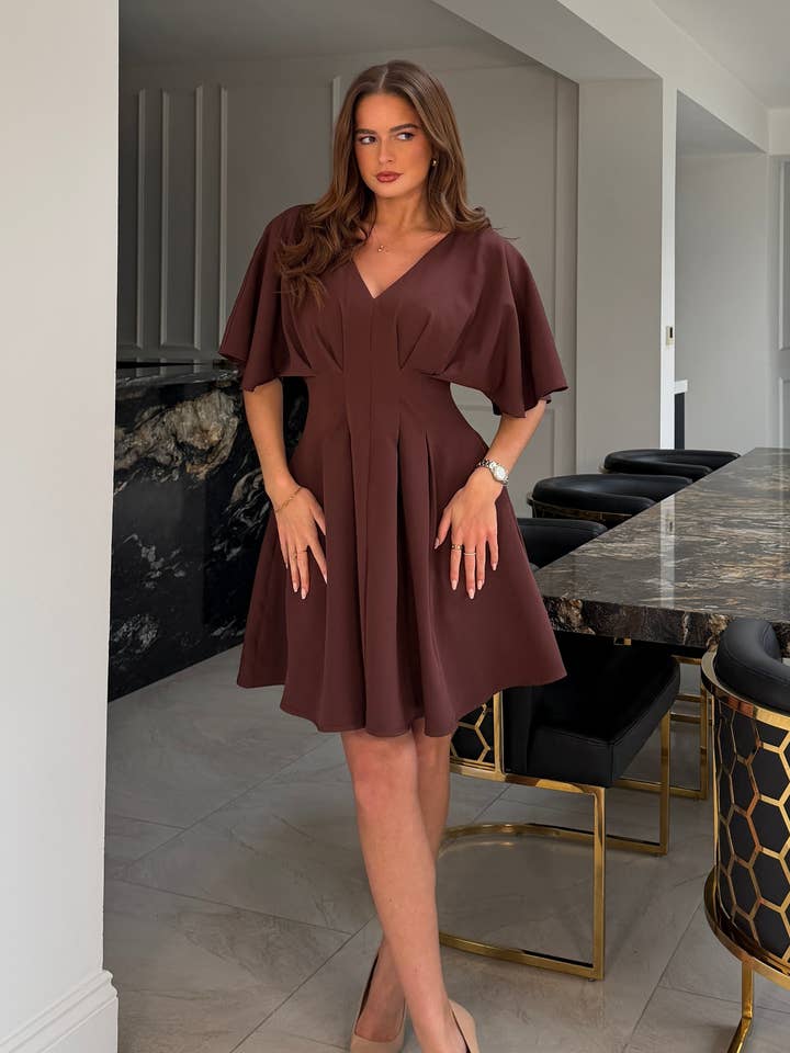 Laura V-Neck Short Sleeve Flowy Brown Mini Dress for wholesale by Girl In Mind