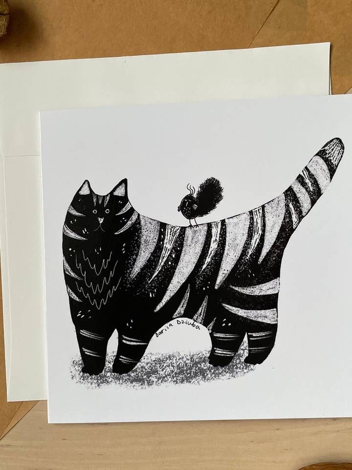Black cat with a bird portrait: Greeting card for wholesale by Dariia Dziuba