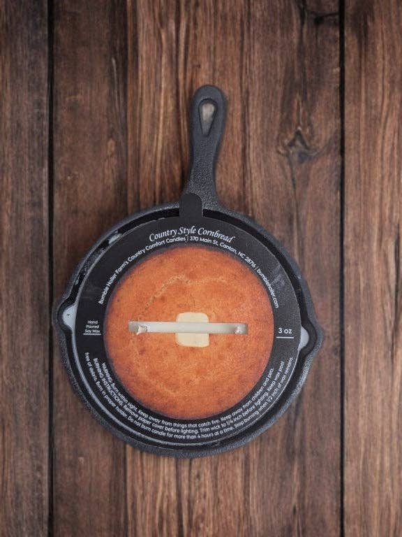 Country Style Cornbread Candle in a Mini Iron Skillet for wholesale by Bumble Holler Farm