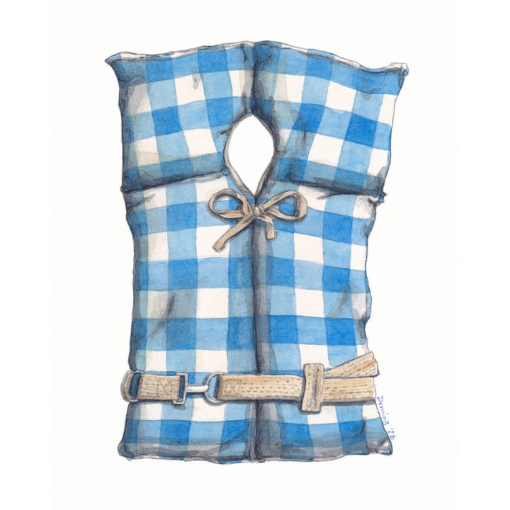 Gilet de sauvetage à carreaux bleus pour la vente par Drew Deming Watercolors