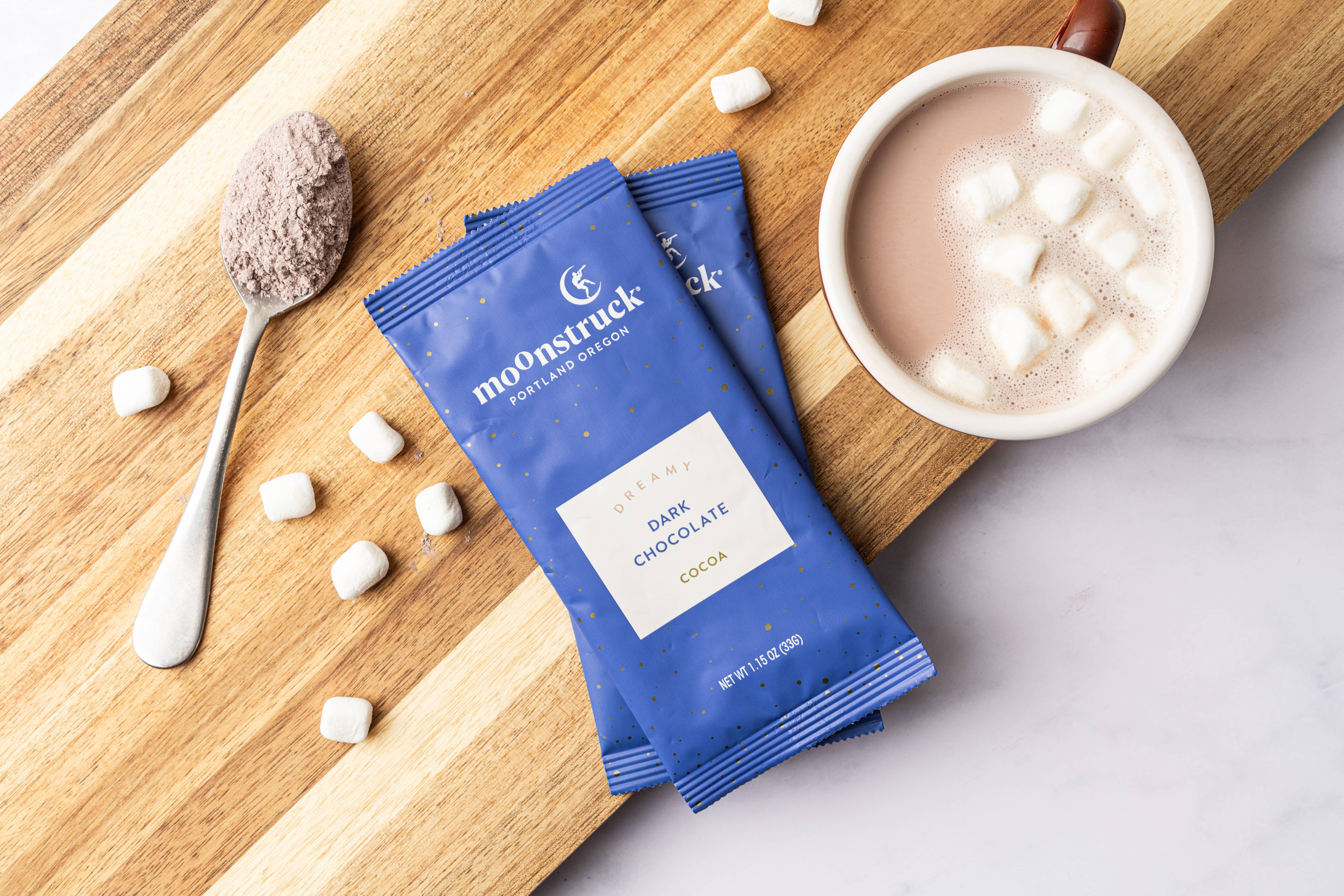Moonstruck Chocolate Co - Wholesale Hot Cocoa Mix/Kit - Dreamy: Dark Chocolate Hot Cocoa Single Serving Pouch