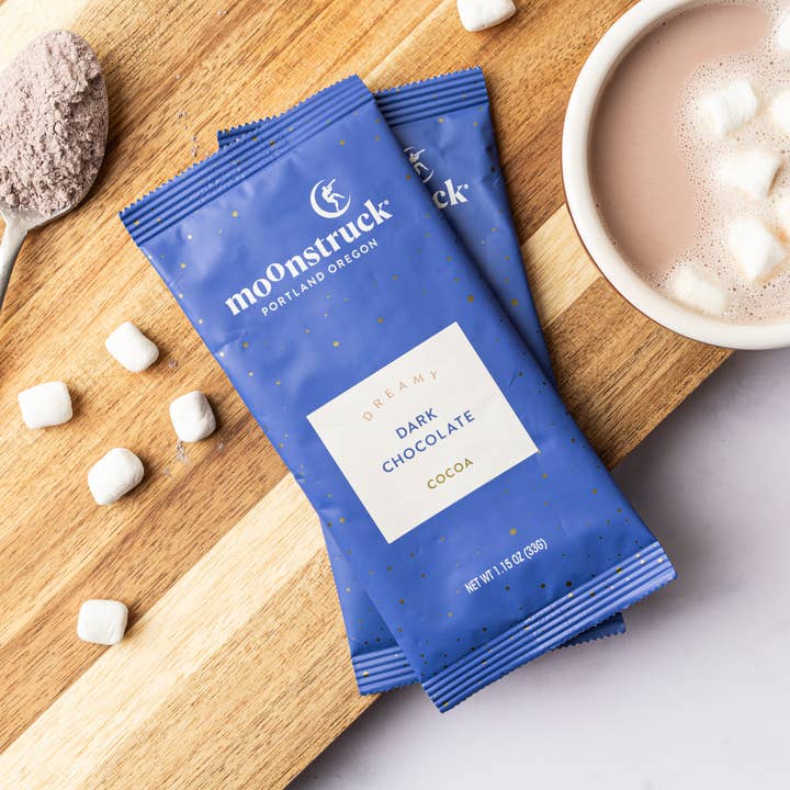 Dreamy: Dark Chocolate Hot Cocoa Single Serving Pouch for wholesale by Moonstruck Chocolate Co