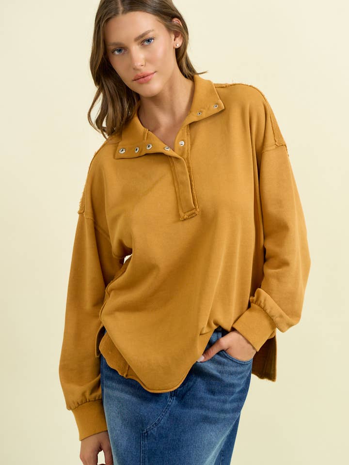 FUNNEL NECK HALF SNAP BUTTON SWEATSHIRT - 45156T for wholesale by Doe and Rae