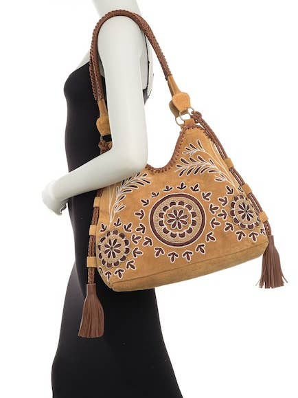 LEATHER SUEDE EMBROIDERED BOHEMIAN HOBO for wholesale by Ricki designs
