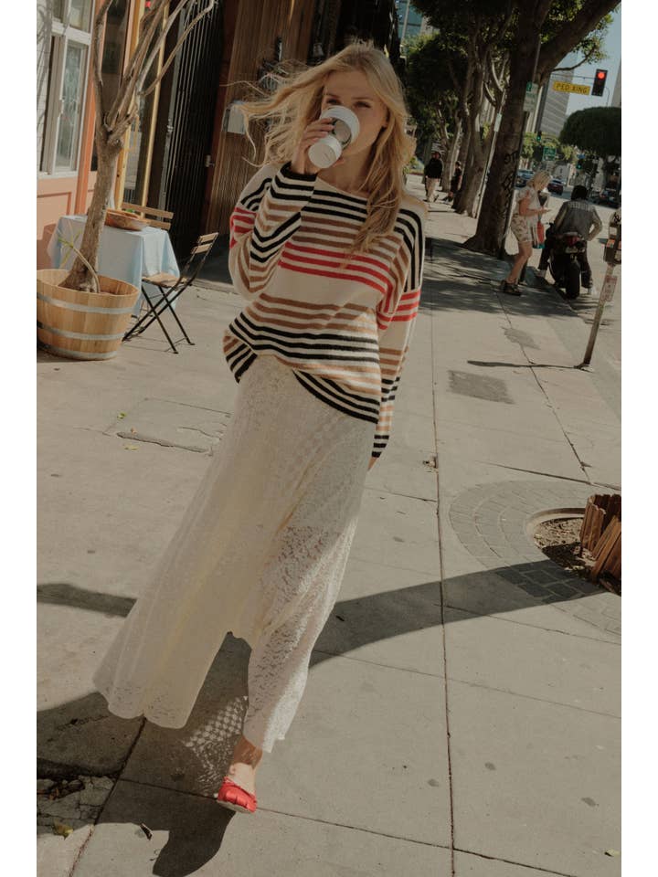 Promesa USA - Wholesale Knit Sweater - Women's - Multicolor Striped Knit Loose-Fit Boatneck Sweater
