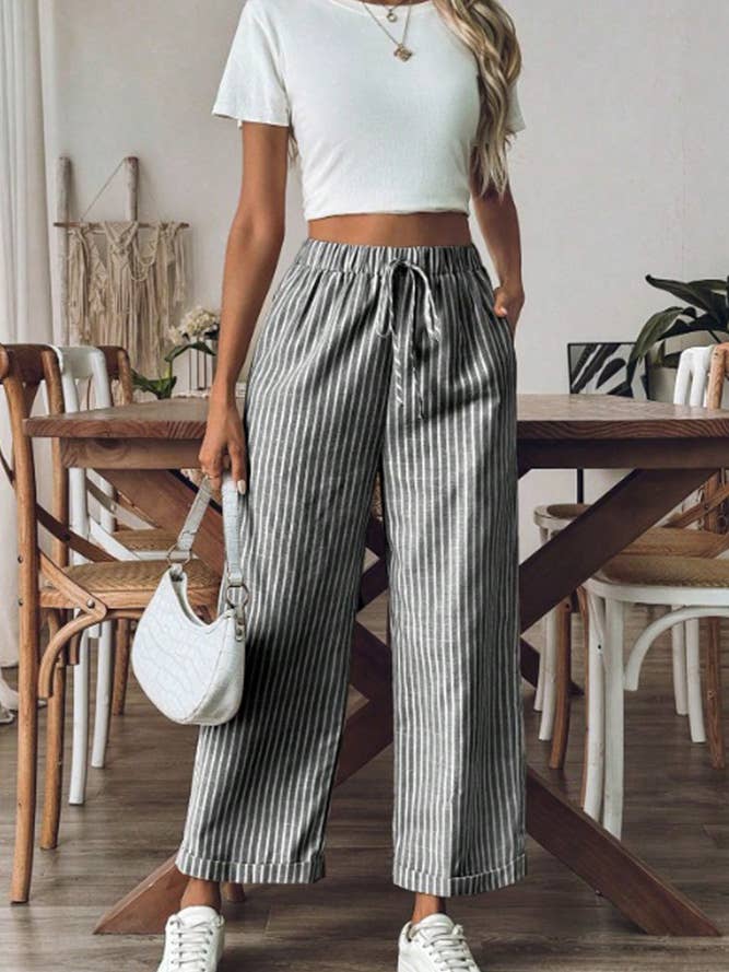 Black Stripes Wide Leg Cropped Pants ZK2163 for wholesale on Faire