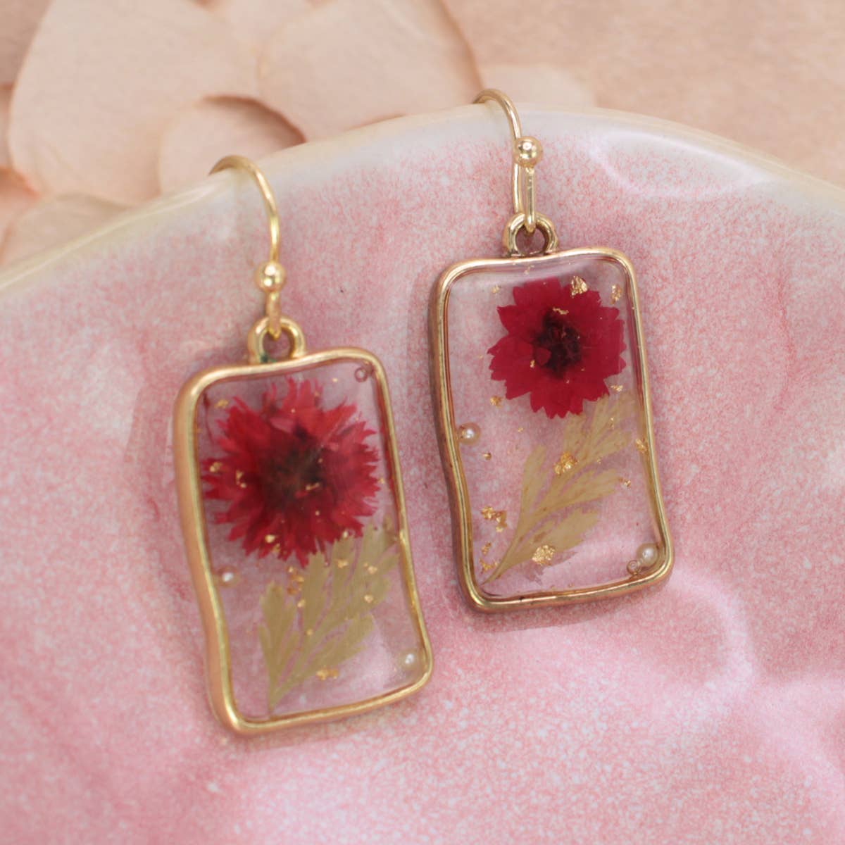 ZAD - Wholesale Dangle Earrings - Cottage Red Dried Flower Rectangle Earrings3