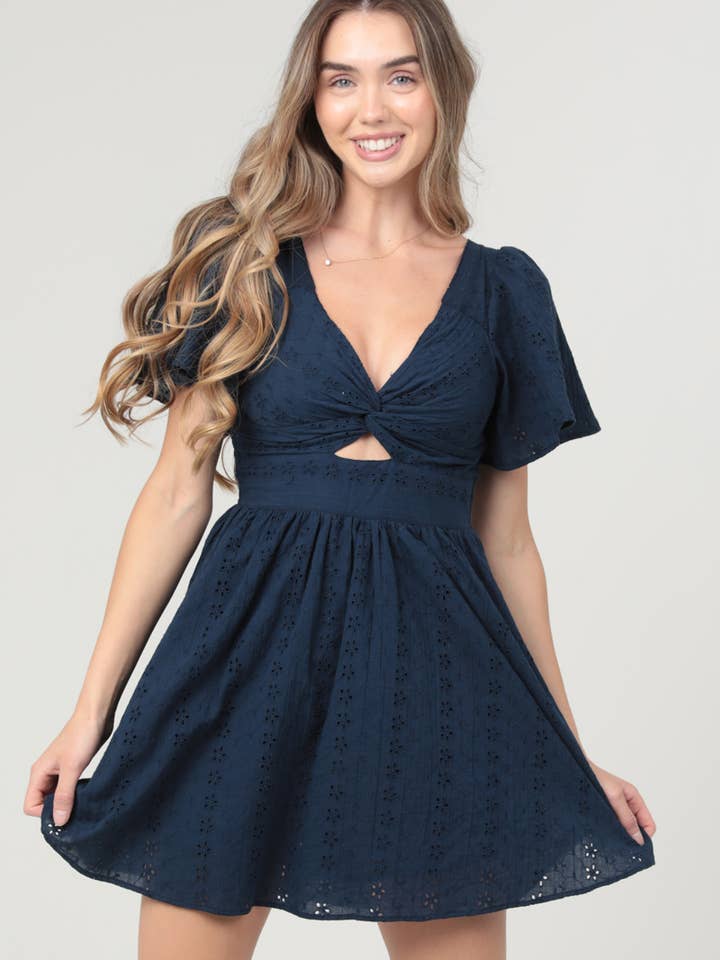 C4458-EM18 EYELET EMBROIDERED SHORT SLEEVE TWIST FRONT DRESS for wholesale by ANGIE