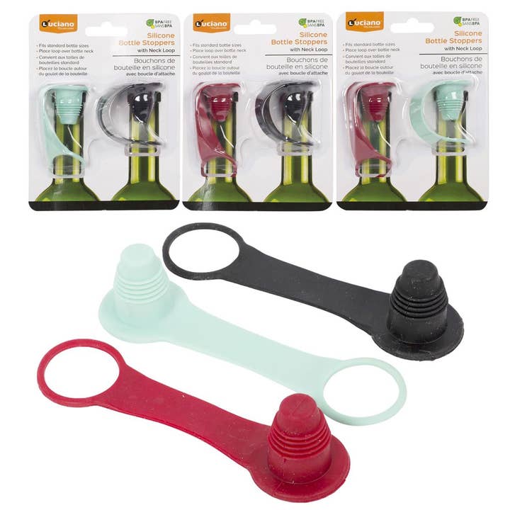 Luciano Gourmet - Wholesale Drink Lids - Luciano 2-pc Silicone Bottle Stopper, 3 assorted colours