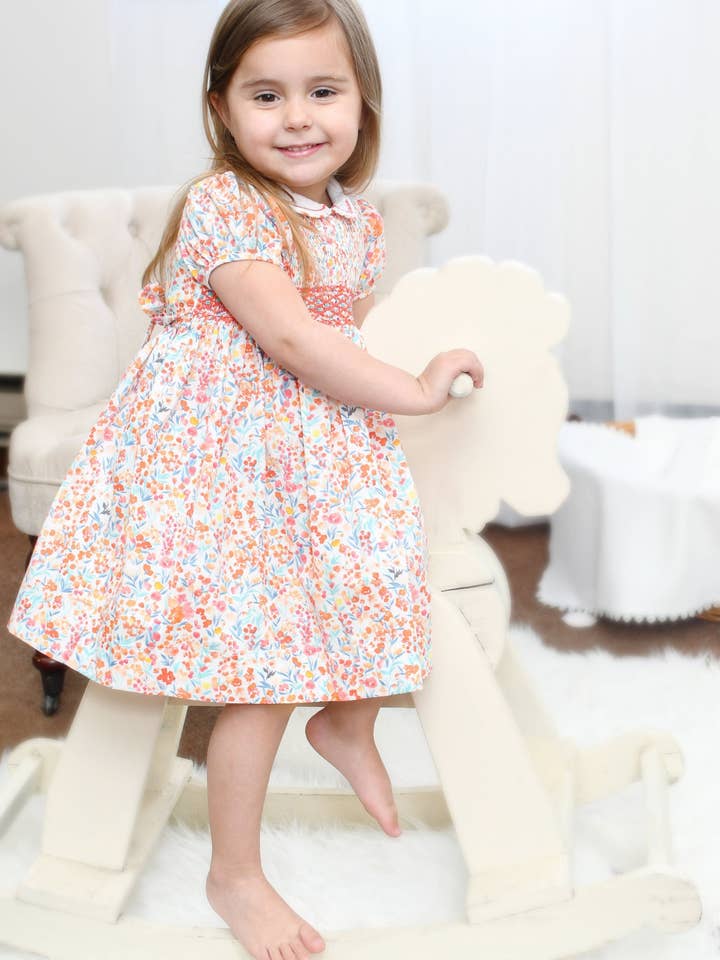 20147- Orange Floral Baby Short Sleeve baby & Toddler Dress with Panty for wholesale by Julius Berger & Carriage Boutique