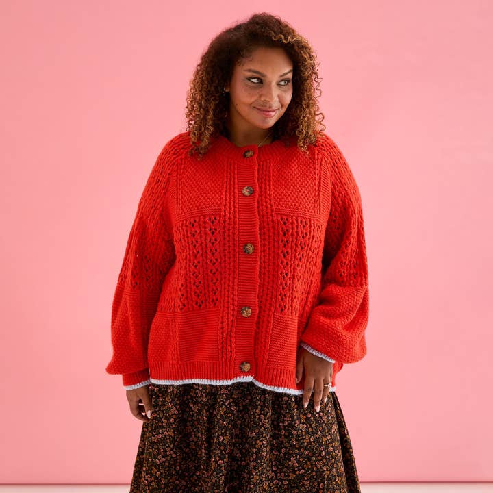 Cara & The Sky - Wholesale Cardigan - Women's - Brigit Pointelle Stitch Balloon Sleeve Cardigan - Orange2