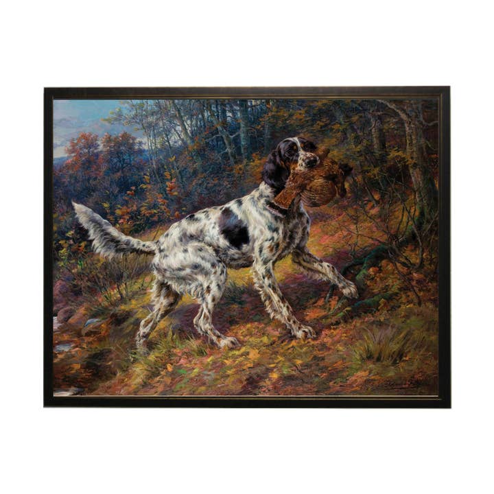 Vintage setter dog with bird in mouth oil painting for wholesale by Antique Curiosities Inc