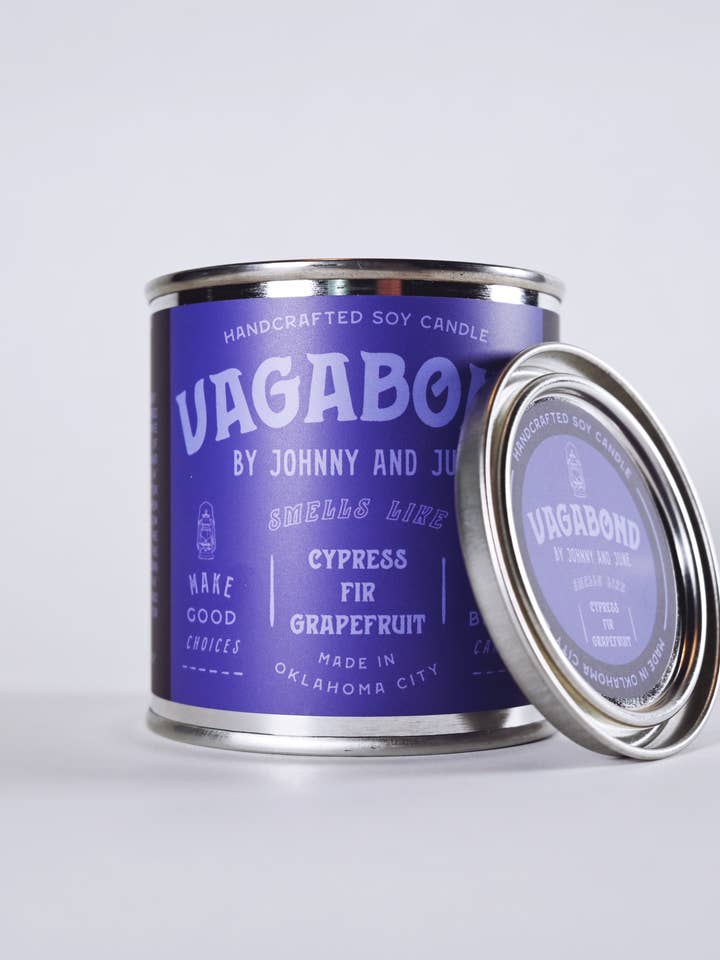 Vagabond 8oz Tin Soy Candle for wholesale by Johnny and June