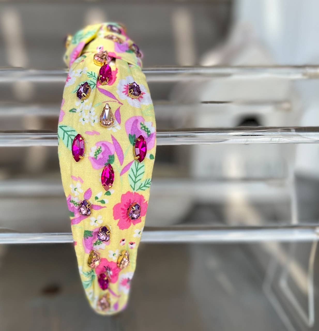 OBX Prep – Engroshandel Pandebånd - Dame – Manteo Gul Pink Stedmoderblomster Top Knude Rhinestone Pandebånd1