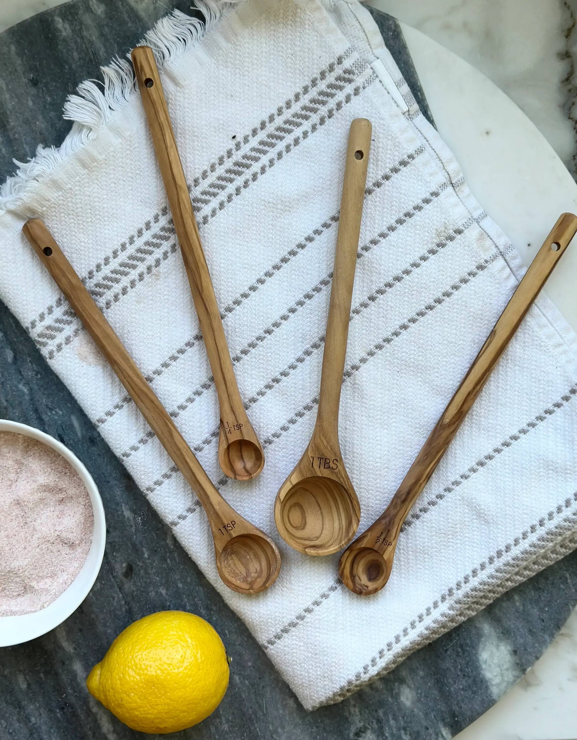 Salt & York - Wholesale Measuring Spoon - Handcrafted Olive Wood Long Handle Measuring Spoons Set3
