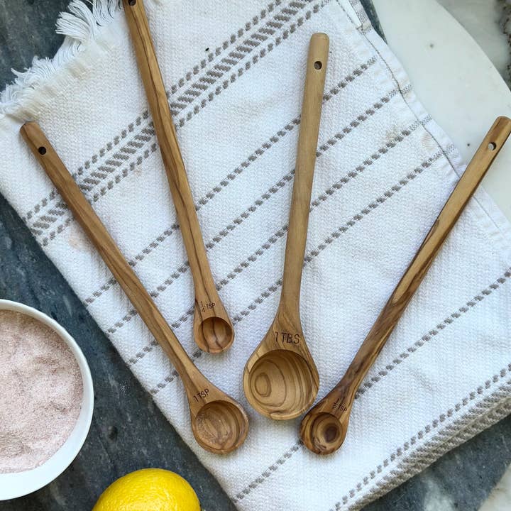 Salt & York - Wholesale Measuring Spoon - Handcrafted Olive Wood Long Handle Measuring Spoons Set3