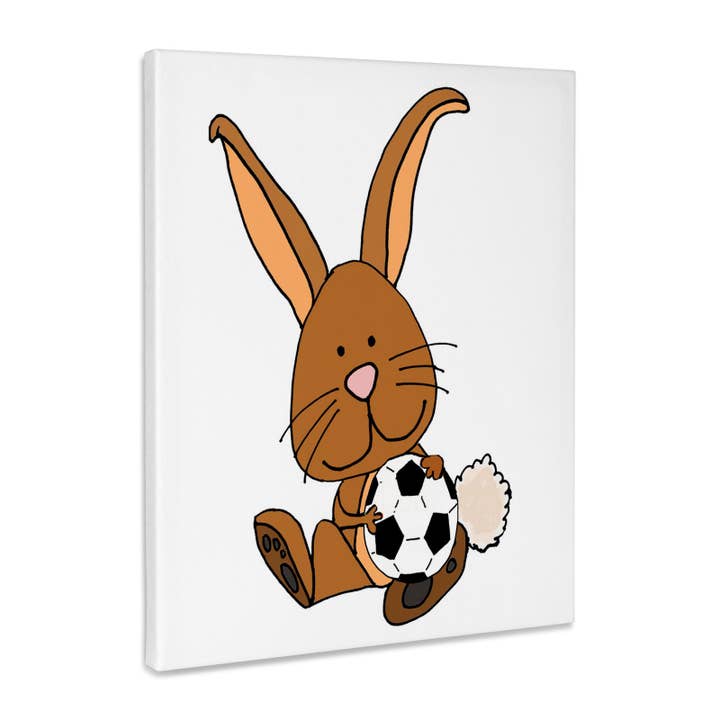3dRose, Grappige Coole Bruine Konijn Speelt Voetbal Cartoon, Museumkwaliteit Canvasdoek voor wholesale door 3dRose