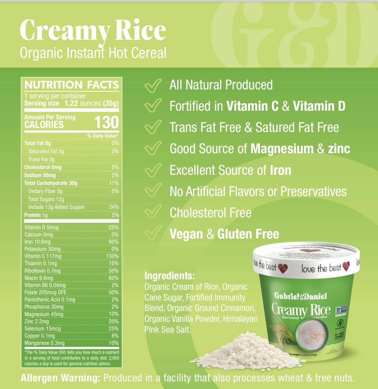 Gabriel & Daniel Wellness Oatmeals – wholesale Breakfast cereal – Organic SS Instant Creamy Rice Hot Cereal -12 pack3