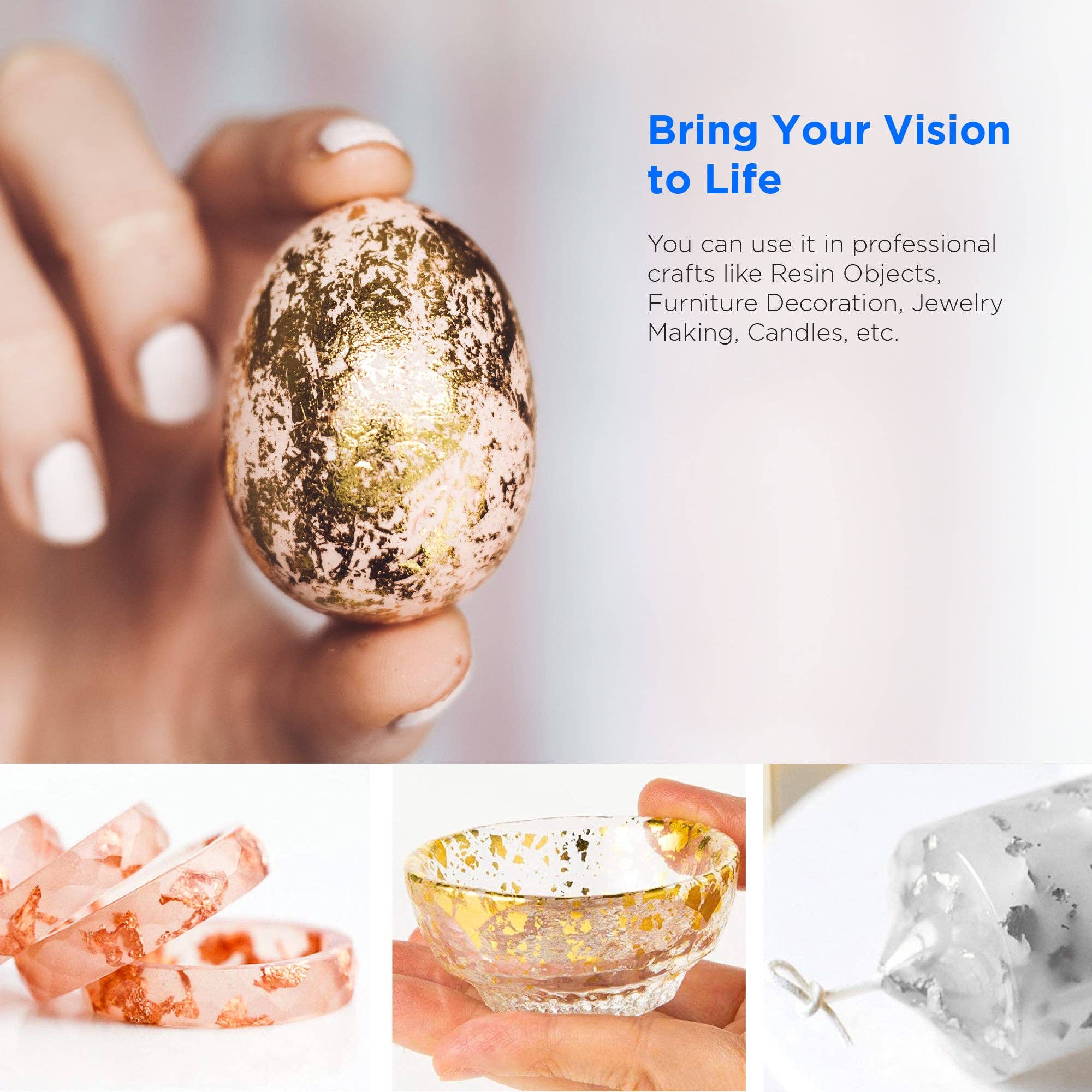 Rolio Pigments - Wholesale Craft Supplies - Metallic Foil Flakes - 3 Bottles (Gold, Copper, and Silver) 10g/0.35 oz Each3