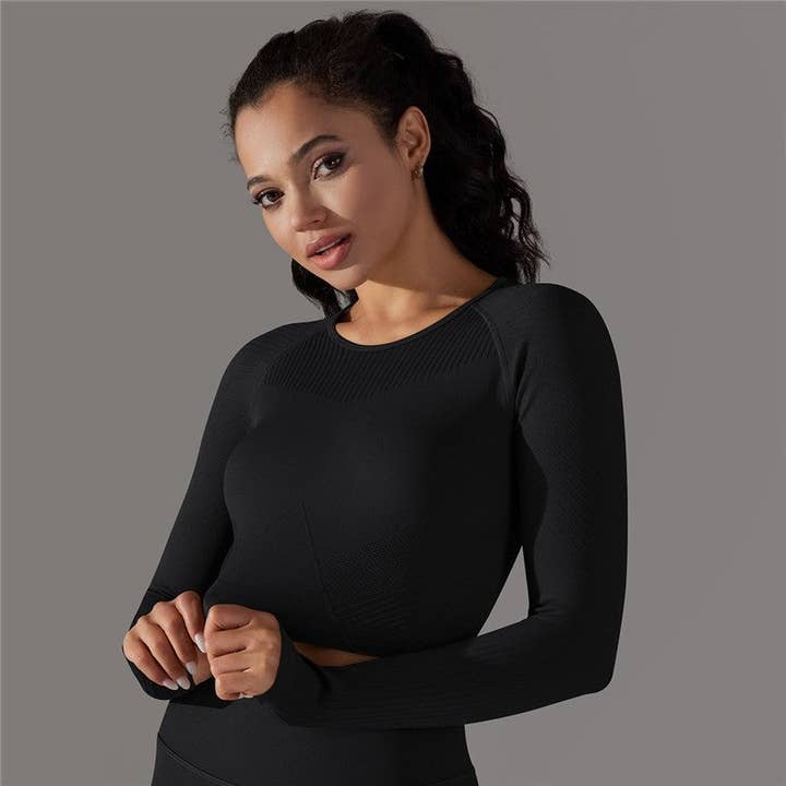 FurDecoration - Wholesale Athletic top – Women′s - Solid Color Ribbed Compression Workout Long Sleeve