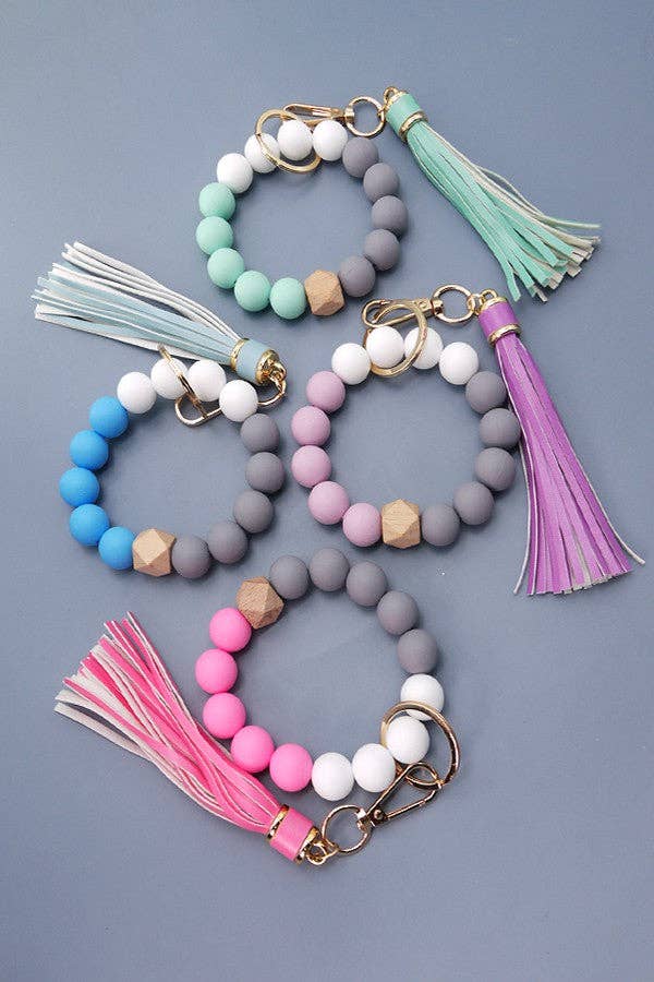 JOSSLYN by wall to wall - Wholesale Keychain Bracelet - SOFTEST RUBBERY BEAD TASSEL BRACELET KEY HOLDER | 40KC1034