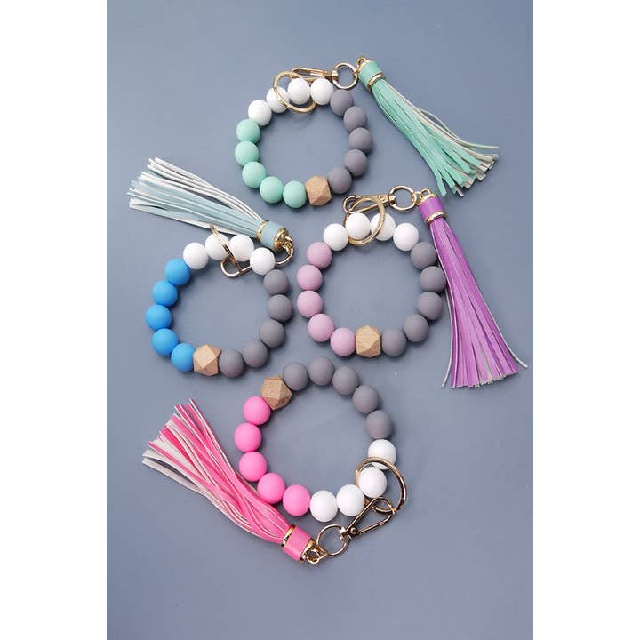 JOSSLYN by wall to wall - Wholesale Keychain Bracelet - SOFTEST RUBBERY BEAD TASSEL BRACELET KEY HOLDER | 40KC10314