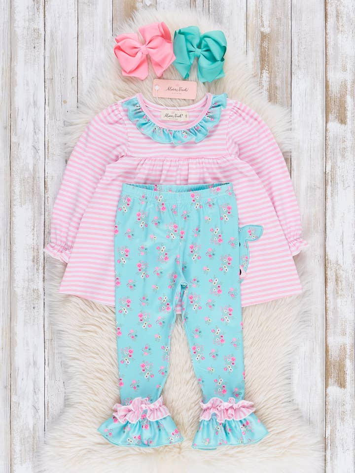 Marie Nicole Clothing - Wholesale Top & Leggings Set - Kids - Teal & Pink Floral Embroidered Cow Ruffle Outfit