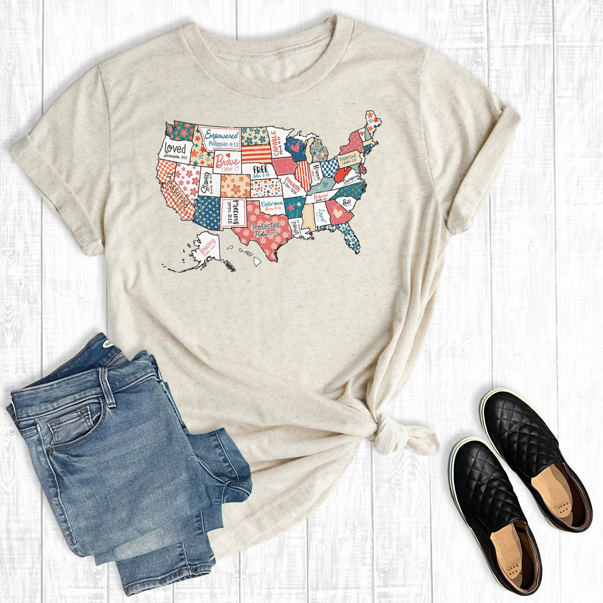 Oat Retro Faith America USA Map Graphic Tee for wholesale on Faire