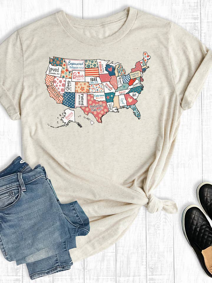 Oat Retro Faith America USA Map Graphic Tee for wholesale on Faire0