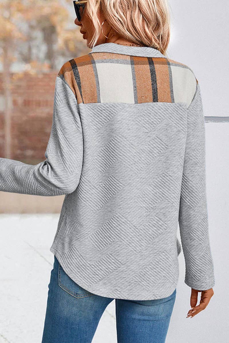 LIGHTGREY WOMEN BUTTONED HIGH NECK PLAID BLOCK PULLOVER TOP_CWTBLL0169 for wholesale on Faire3