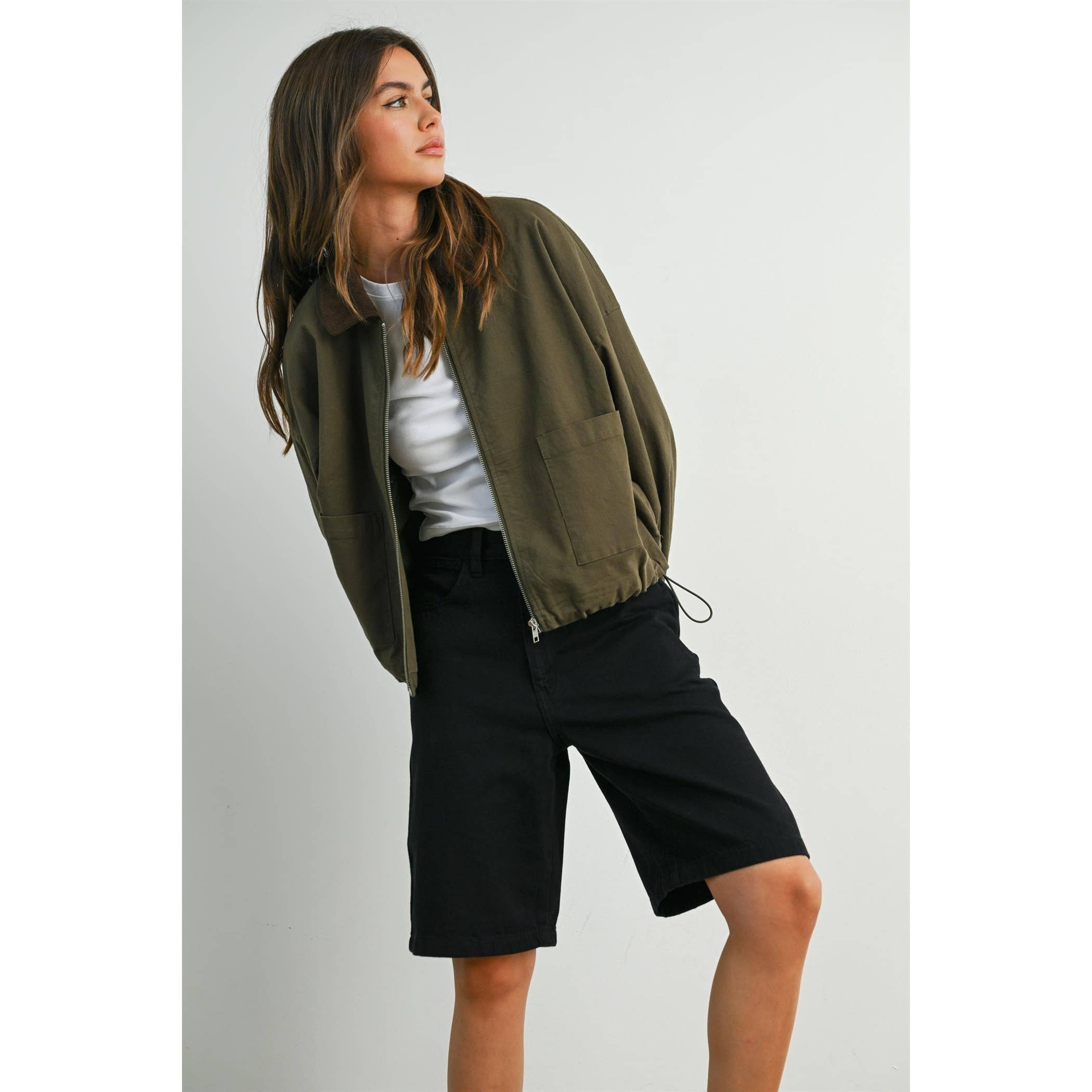 BUTTERMELON - Wholesale Jacket - Women's - Collared Zip-Up Drawstring Jacket - BMJ78258