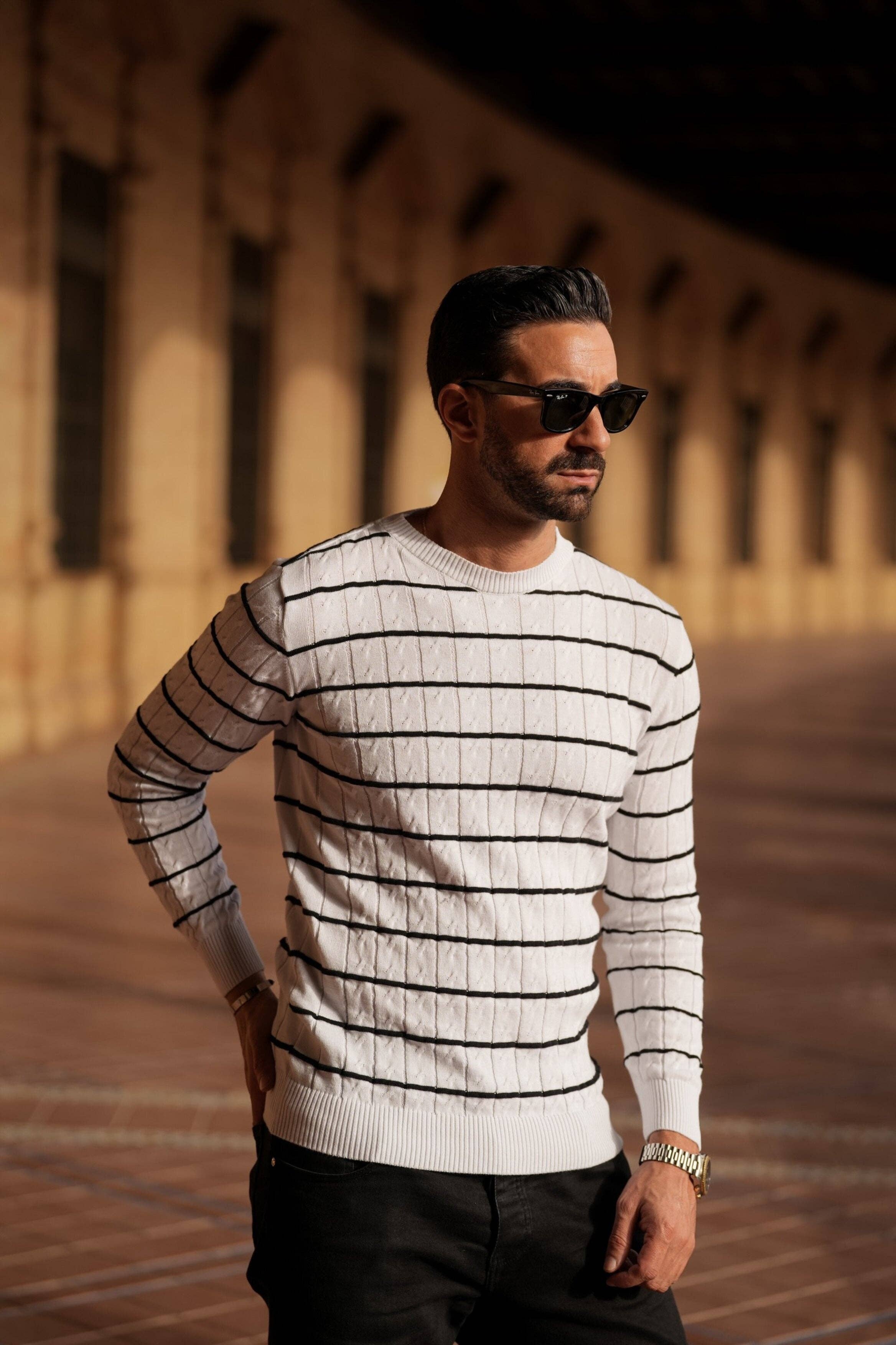 DONATO - Wholesale Knit Sweater - Men's - RAYAS WHITE&BLACK1
