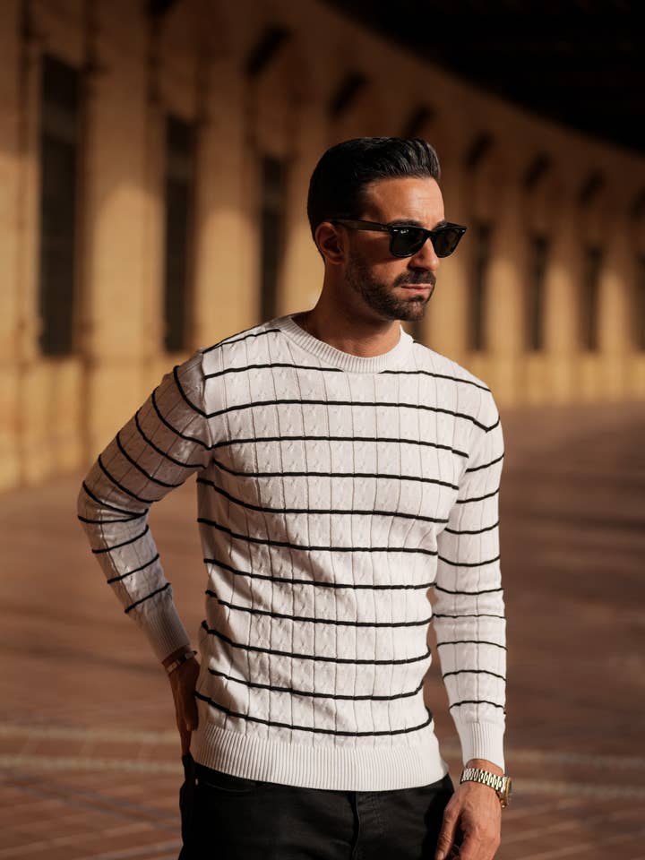 DONATO - Wholesale Knit Sweater - Men's - RAYAS WHITE&BLACK1