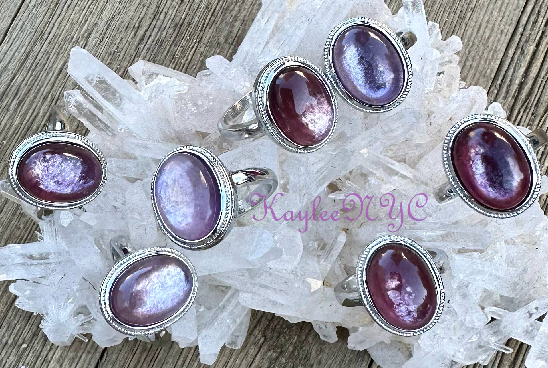 KayleeNYC - Wholesale Single Stone/Solitaire Ring - Natural Purple Mica Lepidolite Ring White Bronze