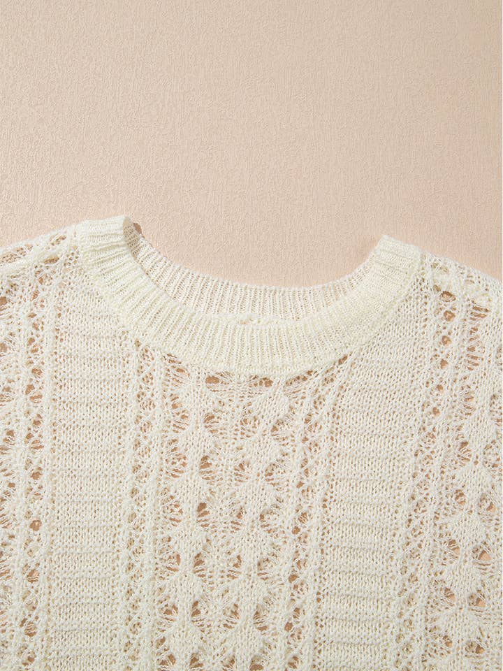 White Hollow Out Knit Bracelet Sleeve Drop Shoulder Sweater for wholesale on Faire