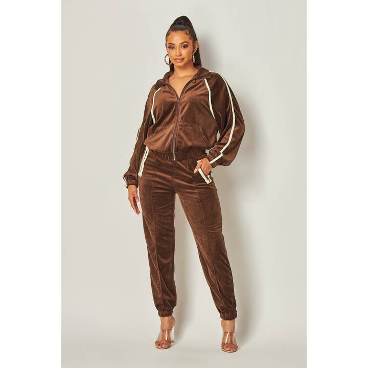 BROWN Solid color Velour Tracksuit with Contrast Piping for wholesale on Faire