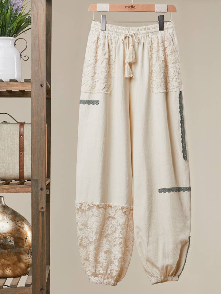 Lace Accents Patchwork Crochet Jogger Pants for wholesale by Mello.