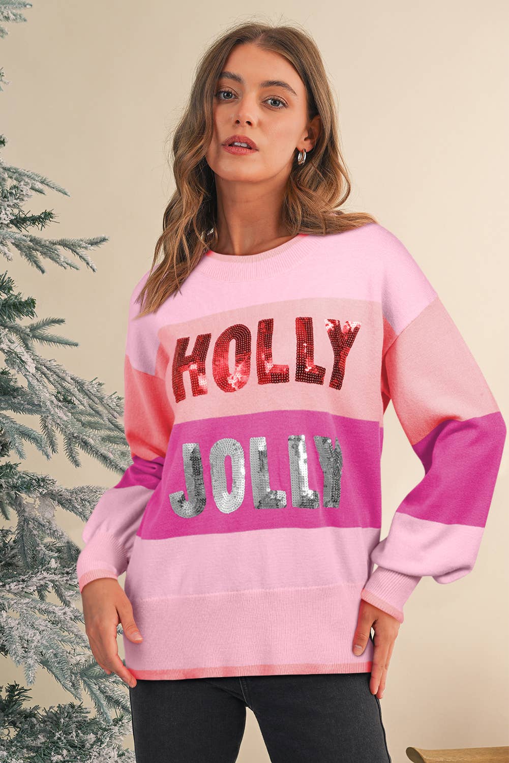 Aapparella - Wholesale Knit Sweater - Women's - HOLLY JOLLY Sequin Patch Colorblock Sweater | S-XL0