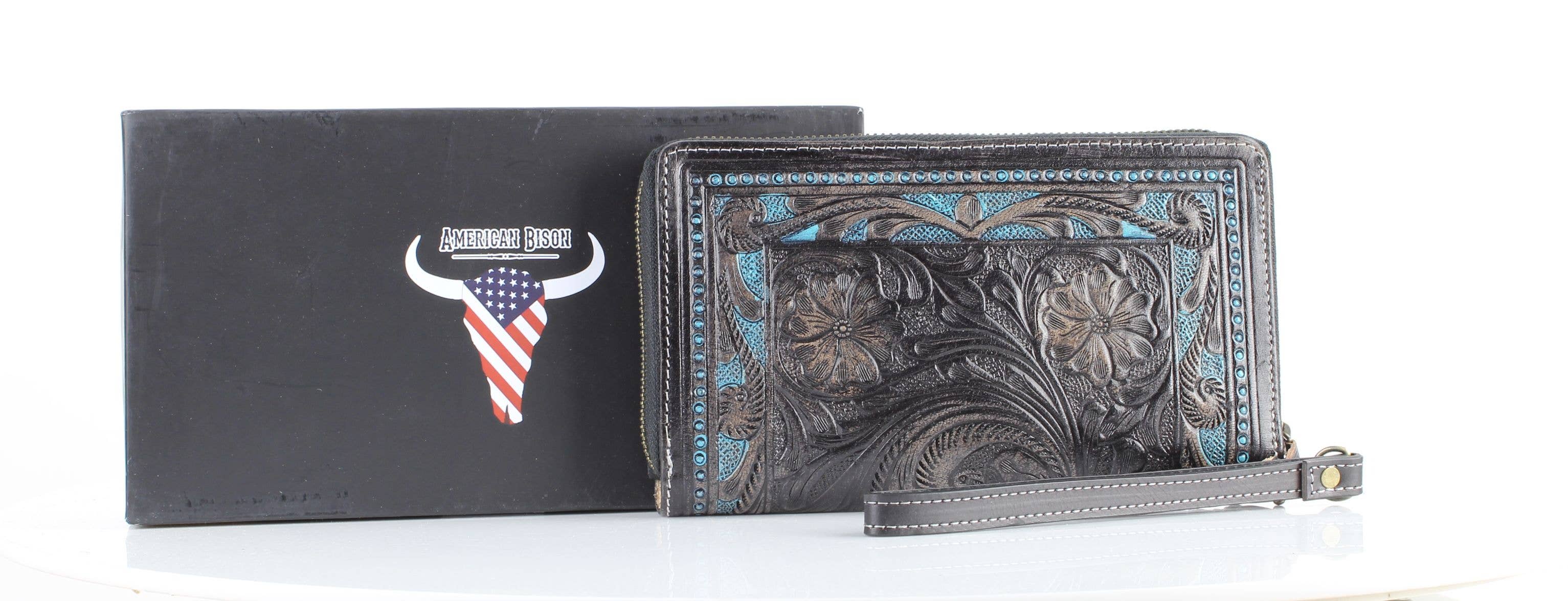 Leather Impressions Inc - Wholesale Wristlet - American Bison Tooled Leather Zip Around Wristlet6
